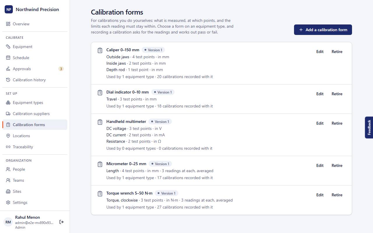 Formularios de calibración con puntos de ensayo y límites